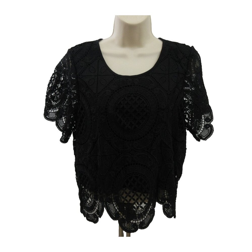Storee Blouse Top Womens Sz XS Black Heavy Lace Short Sleeve Scalloped Hem Lined